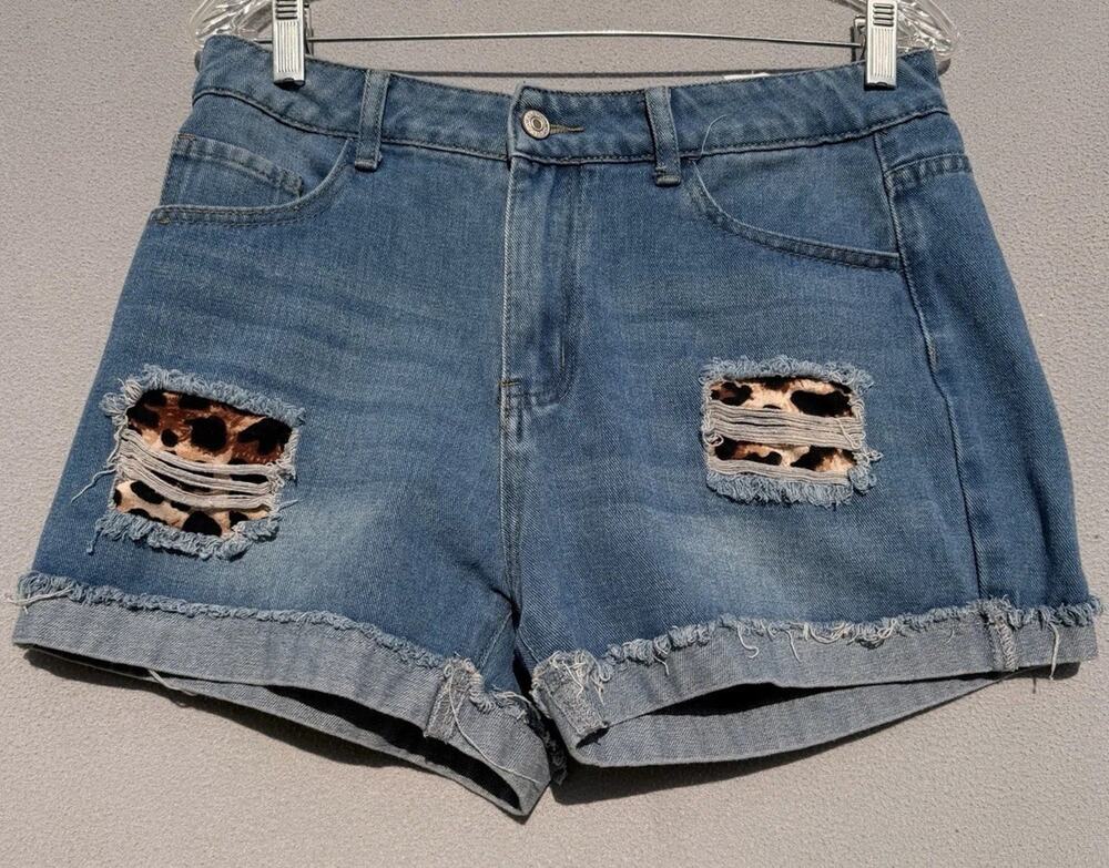 Women’s Distressed Denim Shorts Leopard Print Patch Cuffed Raw Hem Blue Jean Lg